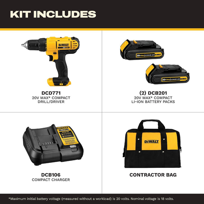 DEWALT DCD771C2 20V MAX Drill/Driver Kit with 2 Batteries